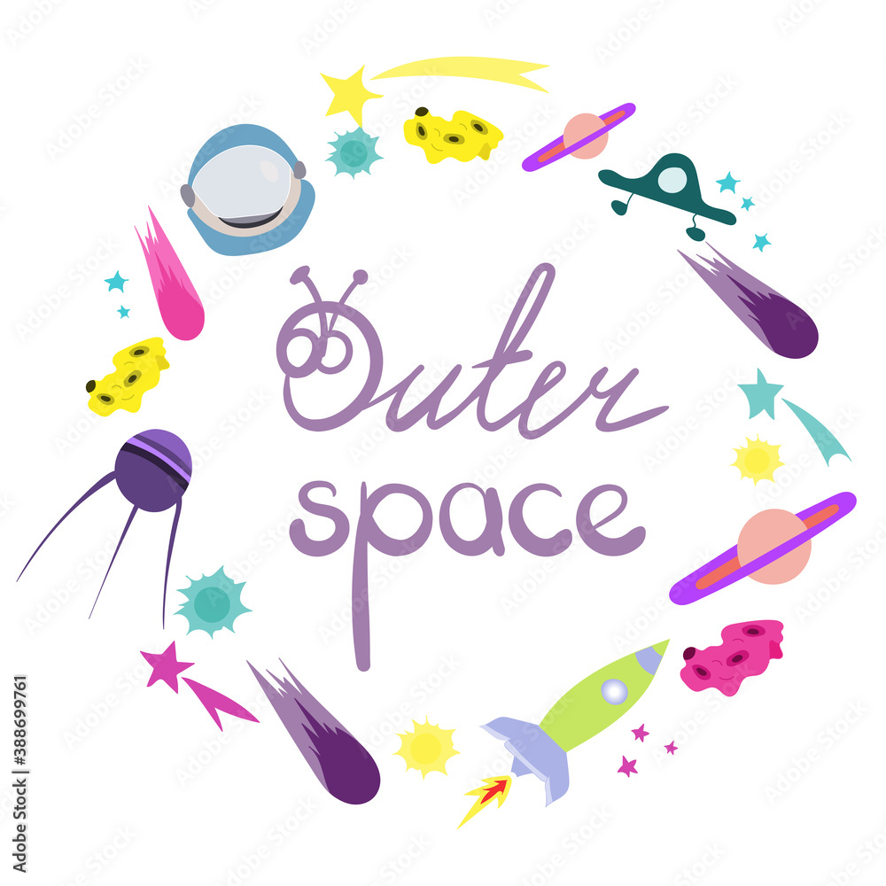 Outer space lettering. Round frame composition of vector space objects. Colorful hand drawn set of cute space cartoon doodle objects, symbols and items