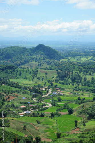 beautiful view of doi mae salong mountain with hill tribe village at chiangrai , Thailand