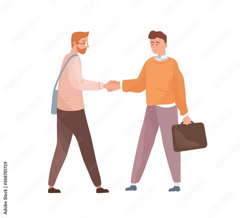 Adult people shaking hands isolated on white background. Businessmen cooperation. Employee and employer acquaintance. Partners deal and agreement. Flat vector cartoon illustration