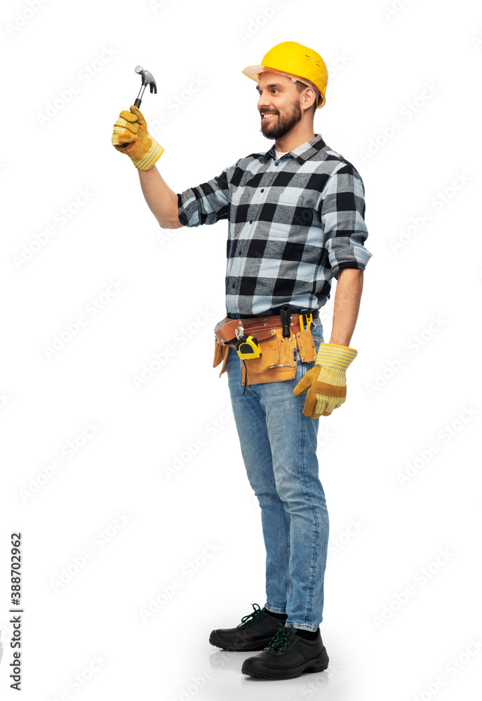 profession, construction and building - happy smiling male worker or builder in helmet with hammer over white background profession, construction and building - happy smiling male worker or builder in helmet with hammer over white background