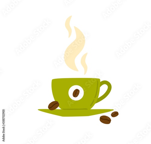 Cup of black coffee decorated with beans. Hot beverage in green mug side view. Morning drink in ceramic cup isolated on white background. Vector illustration in flat cartoon style