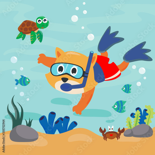 Diving with funny cat and turtle with cartoon style. Creative vector childish background for fabric, textile, nursery wallpaper, poster, card, brochure. vector illustration background.