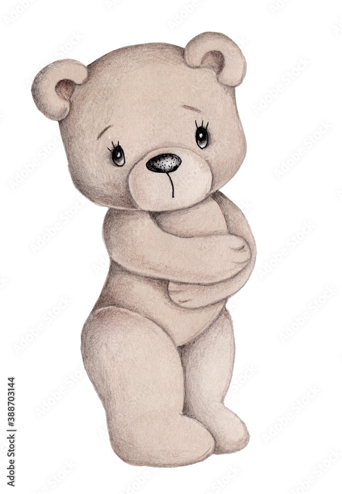 Cute cartoon teddy bear. Watercolor hand drawn sketch, illustration, icon. Isolated on white background. 