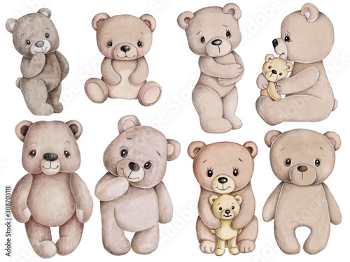 CSet of cute cartoon teddy bears. Watercolor hand drawn sketch, illustration, icon. Isolated on white background. 