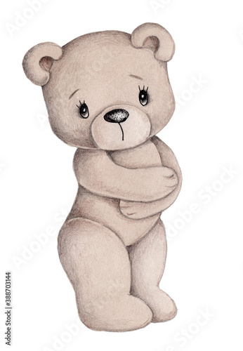 Cute cartoon teddy bear. Watercolor hand drawn sketch  illustration  icon. Isolated on white background. 