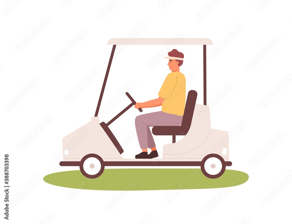 Young man driving golf cart or car in cap visor. Male character working at transport service in golfing club. Flat vector cartoon illustration isolated on white background