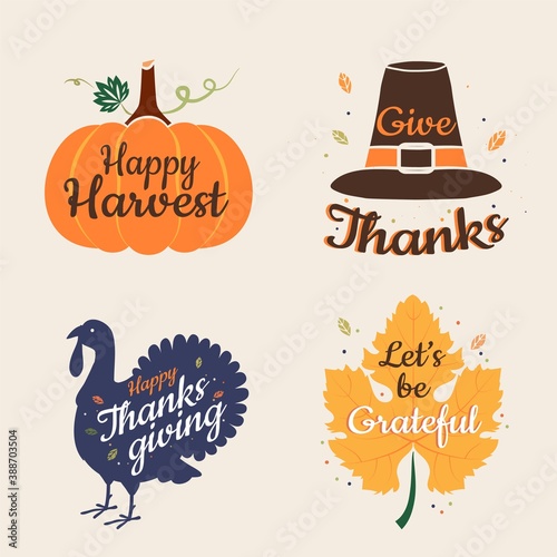 Set of Thanksgiving Vector Calligraphic Illustrations typography banner. Text with maple leaf, turkey, piligrim hat, pumpkin background for postcard, icon or badge, label, stickers fall holiday quotes