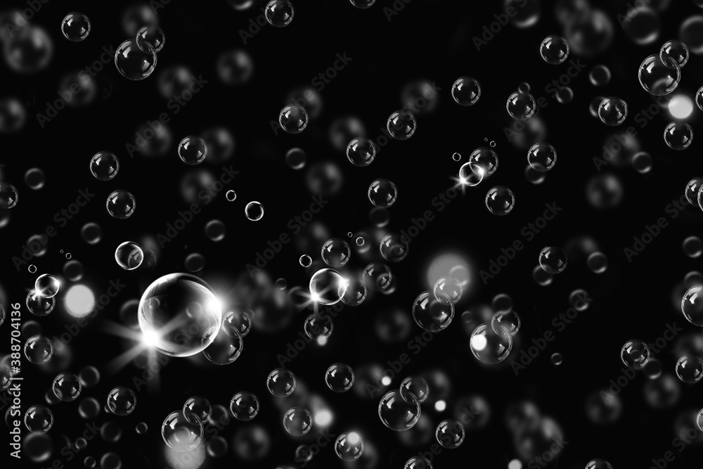 transparent bubbles soap pattern overlay abstract particles splashes of water on black.