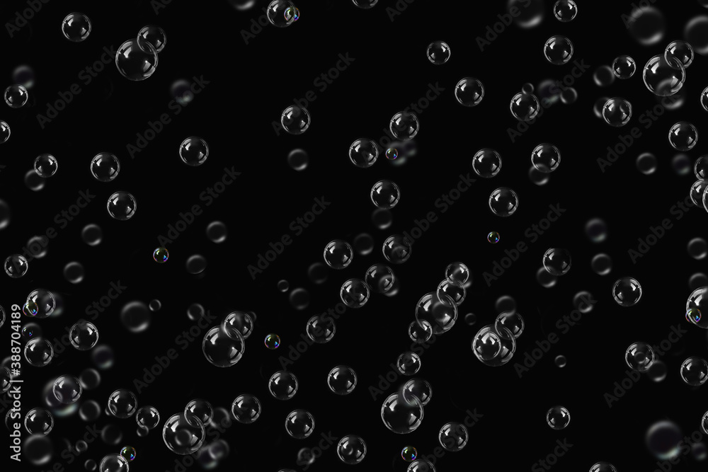 transparent bubbles soap pattern overlay abstract particles splashes of water on black.