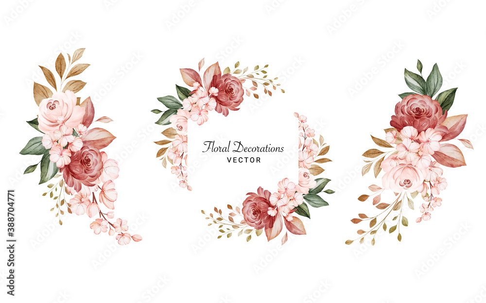 Set of watercolor floral arrangements of brown and peach roses and leaves. Botanic decoration illustration for wedding card, fabric, and logo composition