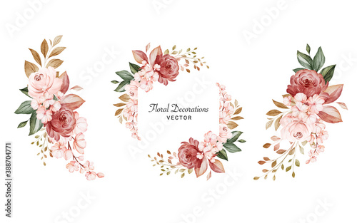Leinwand Poster Set of watercolor floral arrangements of brown and peach roses and leaves