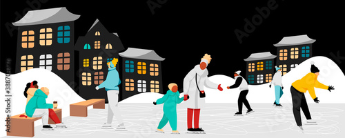 People skate in the Park of the city at night. Vector illustration
