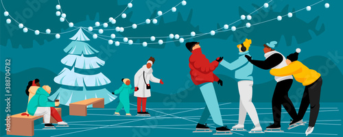 People skate on the ice rink. Christmas vacation. People in winter