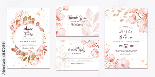 Floral wedding invitation template set with brown sakura flowers and leaves decoration. Botanic card design concept photo