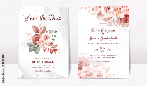 Floral wedding invitation template set with peach and brown roses flowers and leaves decoration. Botanic card design concept