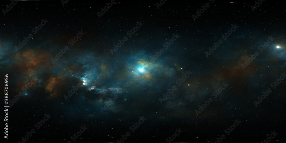 360 degree equirectangular projection space background with nebula and stars, environment map. HDRI spherical panorama