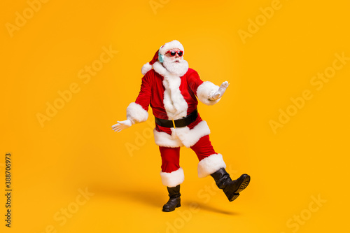 Εκτύπωση καμβά Full size photo of funky santa claus with grey beard listen magic x-mas christma