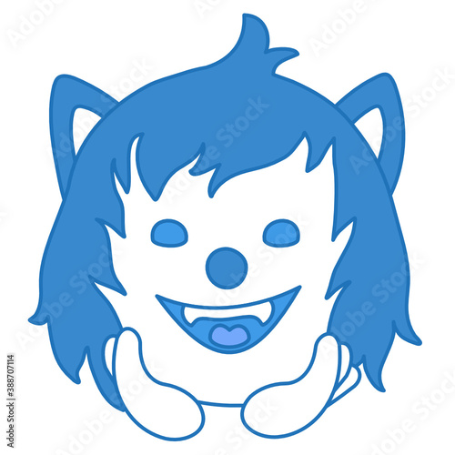 happy smiling wolf daydreams while propping his head up with hands, simplistic facial expression vector illustration, simple hand drawn circle shaped emoticon, funny cartoon character