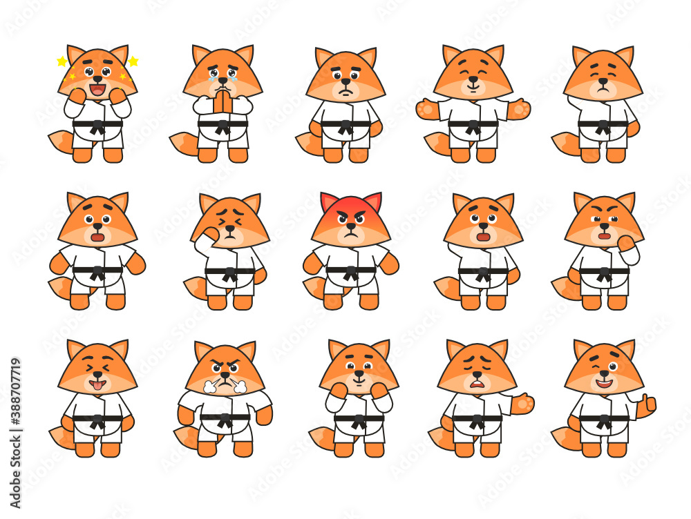 Fototapeta premium Set of karate fox characters showing various emotions. Cute karate fox mascot amazed, sad, angry, suspicious and showing other emotions. Vector illustration bundle