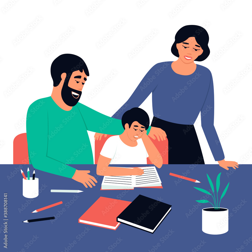 Dad and Mom watch their son read a book. Study, study process at home. Parents and child spend time together. The boy reads a textbook while sitting at his desk. Flat vector illustration Dad and Mom watch their son read a book. Study, study process at home. Parents and child spend time together. The boy reads a textbook while sitting at his desk. Flat vector illustration