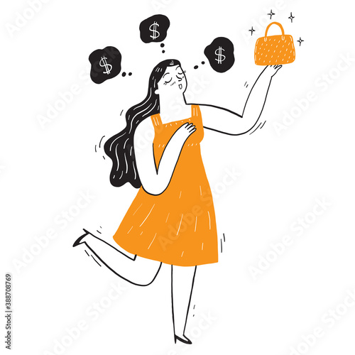 Pretty woman with her new bag with a bubble dreaming of money