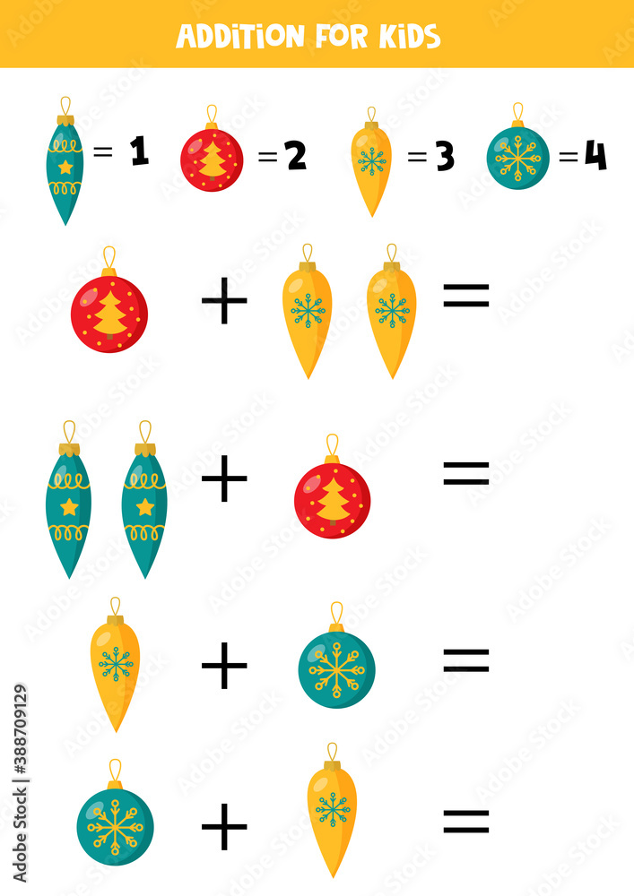 Addition with Christmas balls. Mathematical game for kids. Addition with Christmas balls. Mathematical game for kids.