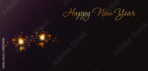 Bengal fire.
Inscription with a new year. Holiday card. Golden letters and glare.