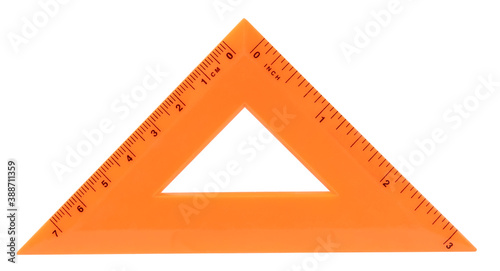 Orange triangle ruler plastic classic isolated on white background photo