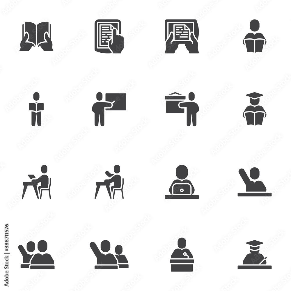 Back to school vector icons set, education modern solid symbol collection, filled style pictogram pack. Signs, logo illustration. Set includes icons as book reading, teacher, graduate student, ebook Back to school vector icons set, education modern solid symbol collection, filled style pictogram pack. Signs, logo illustration. Set includes icons as book reading, teacher, graduate student, ebook