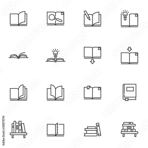 Book line icons set, outline vector symbol collection, linear style pictogram pack. Signs, logo illustration. Set includes icons as bookshelf with stacked books, reading, writing, ebook download
