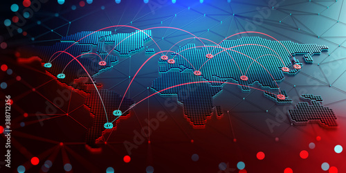 Abstract map of continents. Globalization and geopolitics in high-tech world of future. 3D illustration of communications and data exchange in a virtual network. Bright, juicy, neon colors photo