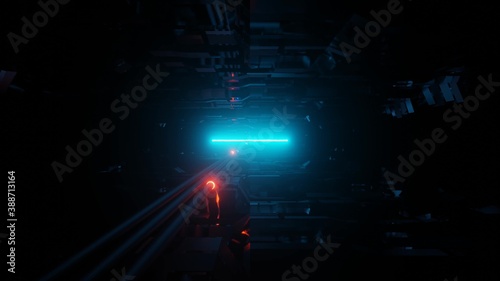 futuristic science fiction space ship alien tunnel corridor with pipes and energetic neon lights - the perfect background 3d illustration wallpaper for every science fiction fan © Michael
