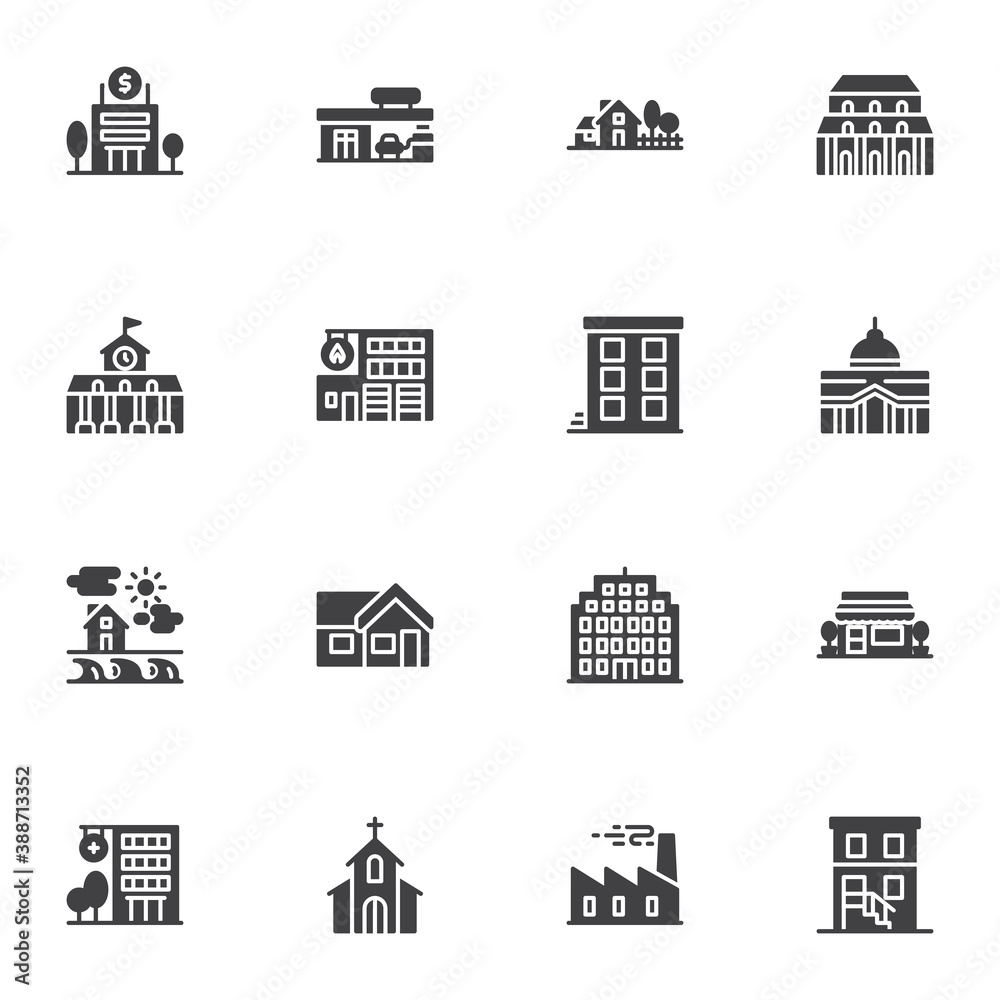 Buildings vector icons set, modern solid symbol collection, filled style pictogram pack. Signs, logo illustration. Set includes icons as bank building, county house, hospital, church, school, library