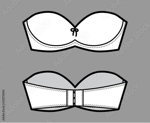 Bra strapless balconette lingerie technical fashion illustration with molded cups, hook-and-eye closure. Flat brassiere template front, back white color style. Women men unisex underwear CAD mockup