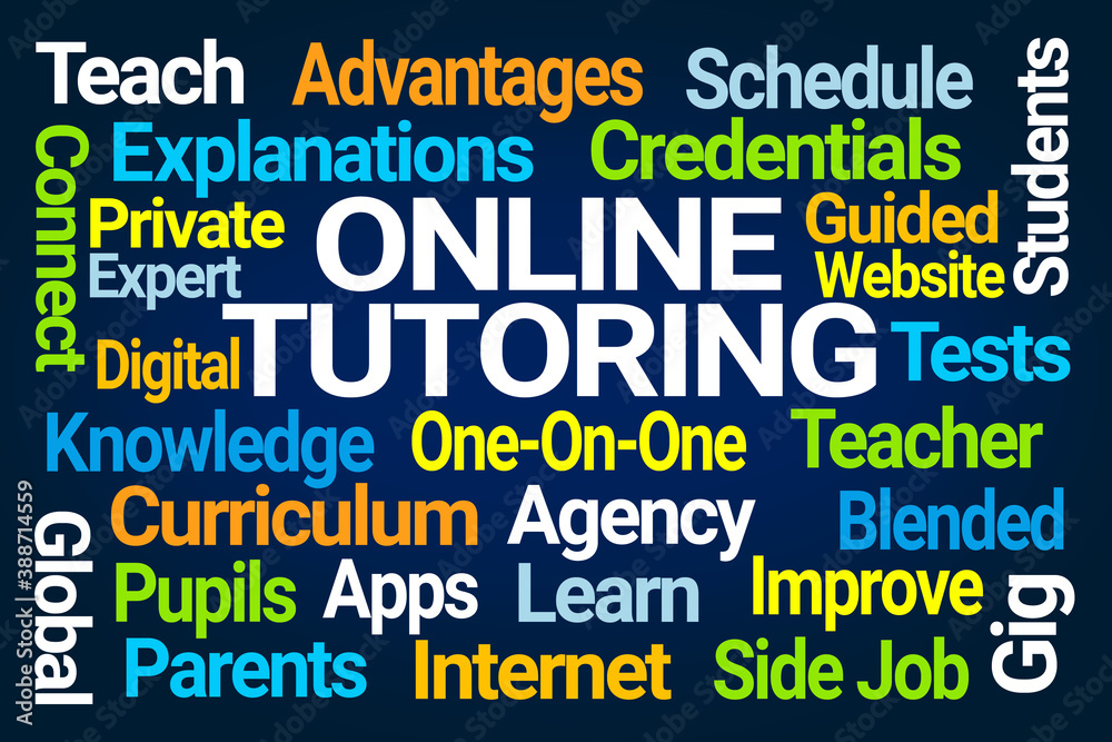 Online Tutoring Word Cloud on Blue Background Online Tutoring Word Cloud on Blue Background