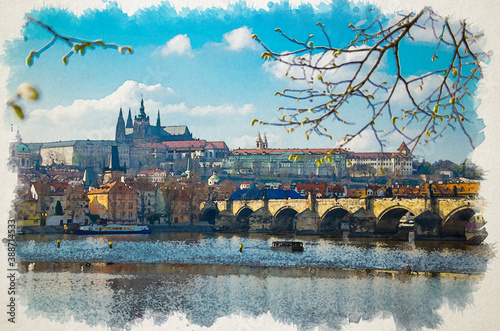 Watercolor drawing of Prague historical center with the Castle, St. Vitus Cathedral, Hradcany, Charles bridge view from Vltava river and blossom branches, blu sky white clouds, Prague, Czech Republic