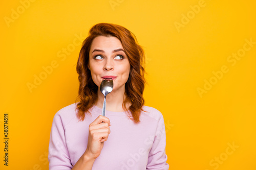 Fotografiet Portrait of charming beautiful cute inspired positive woman hold lick spoon thin