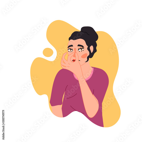 Isolated on white runny nose symptoms vector illustration. Female character suffers from nasal congestion, snot, difficulty breathing design element. Symptoms of allergies, colds, virus  .