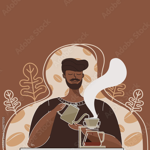 Vector banner of Dripping coffee. Man is pouring over coffee with hot water. Creative flat design for web banner ,business presentation, online article.