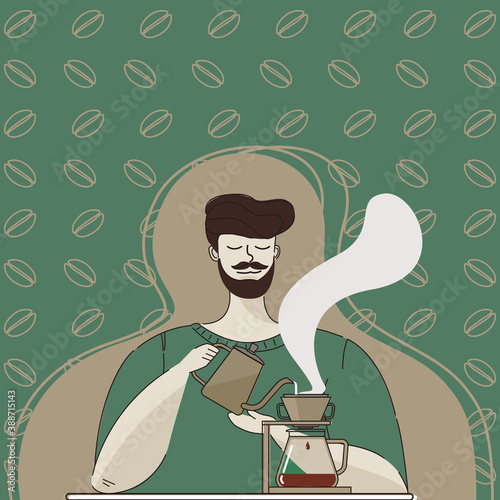 Vector banner of Dripping coffee. Man is pouring over coffee with hot water. Green background. Creative flat design for web banner ,business presentation, online article.