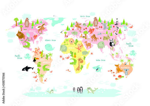 Vector map of the world with cartoon animals for kids. Europe  Asia  South America  North America  Australia  Africa. Lion  crocodile  kangaroo. koala  whale  bear  elephant  shark  snake  toucan. 