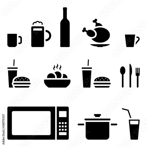 Cup of tea, glass of beer, bottle of wine, grilled chicken, paper glass of soda and burger, hot pie, spoon, fork, knife, microwave, pan icon vector illustration set on white