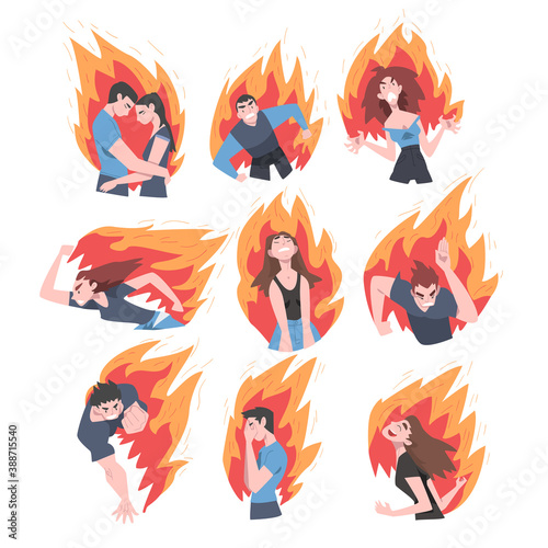 Burning People Set, Stressed Men and Women on Flame, Burnout, Emotional Problems Concept Cartoon Style Vector Illustration