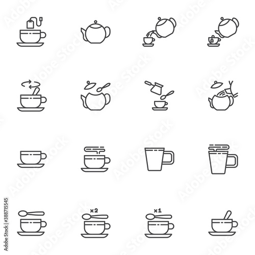 Tea and coffee line icons set, outline vector symbol collection, linear style pictogram pack. Signs, logo illustration. Set includes icons as teapot, coffee pot, turkish cezve, kettle, cup, mug, spoon
