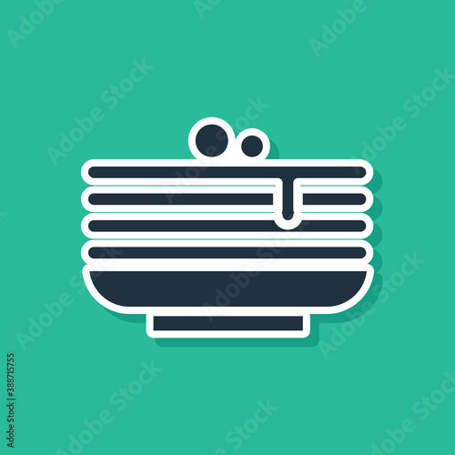 Blue Stack of pancakes icon isolated on green background. Baking with syrup and cherry. Breakfast concept. Vector.
