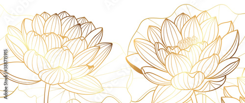 Golden lotus line arts on dark background, Luxury gold wallpaper design for prints, banner, fabric, poster, cover, digital arts vector illustration..