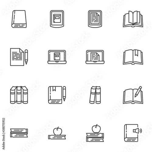 Book library line icons set, outline vector symbol collection, linear style pictogram pack. Signs, logo illustration. Set includes icons as e-learning, ebook reading, notebook, online education, apple