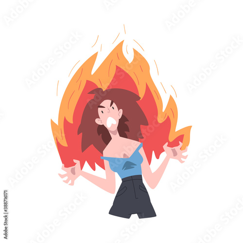 Furious Girl in Flame, Burning Fury, Rage, Stress, Burnout, Emotional Problems Cartoon Style Vector Illustration