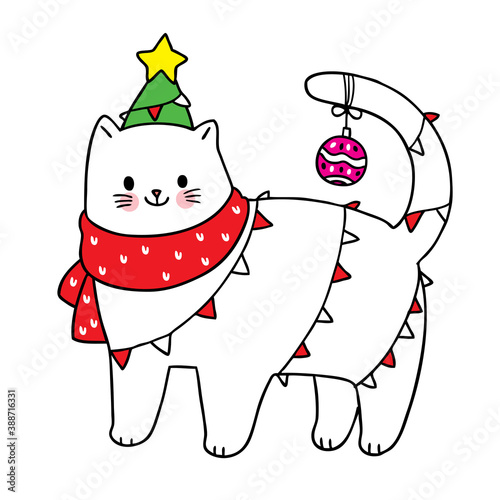 Hand draw cartoon cute Merry Christmas, cat and ornament christmas vector.