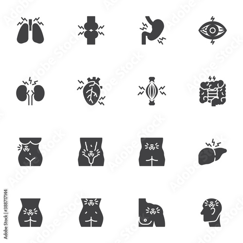 Human body pain vector icons set  body ache modern solid symbol collection  filled style pictogram pack. Signs  logo illustration. Set includes icons as headache  heart pain  backache  stomach